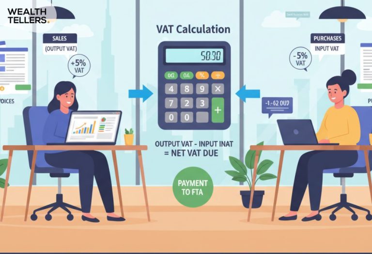 Illustration showing VAT calculation with sales output VAT minus purchase input VAT using a calculator, resulting in net VAT payment to tax authority.