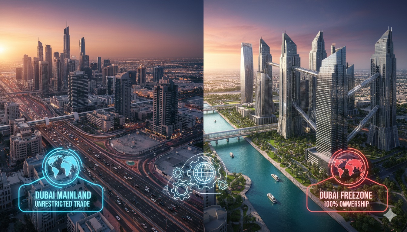 Business district view in Dubai representing mainland and free zone company setup choices