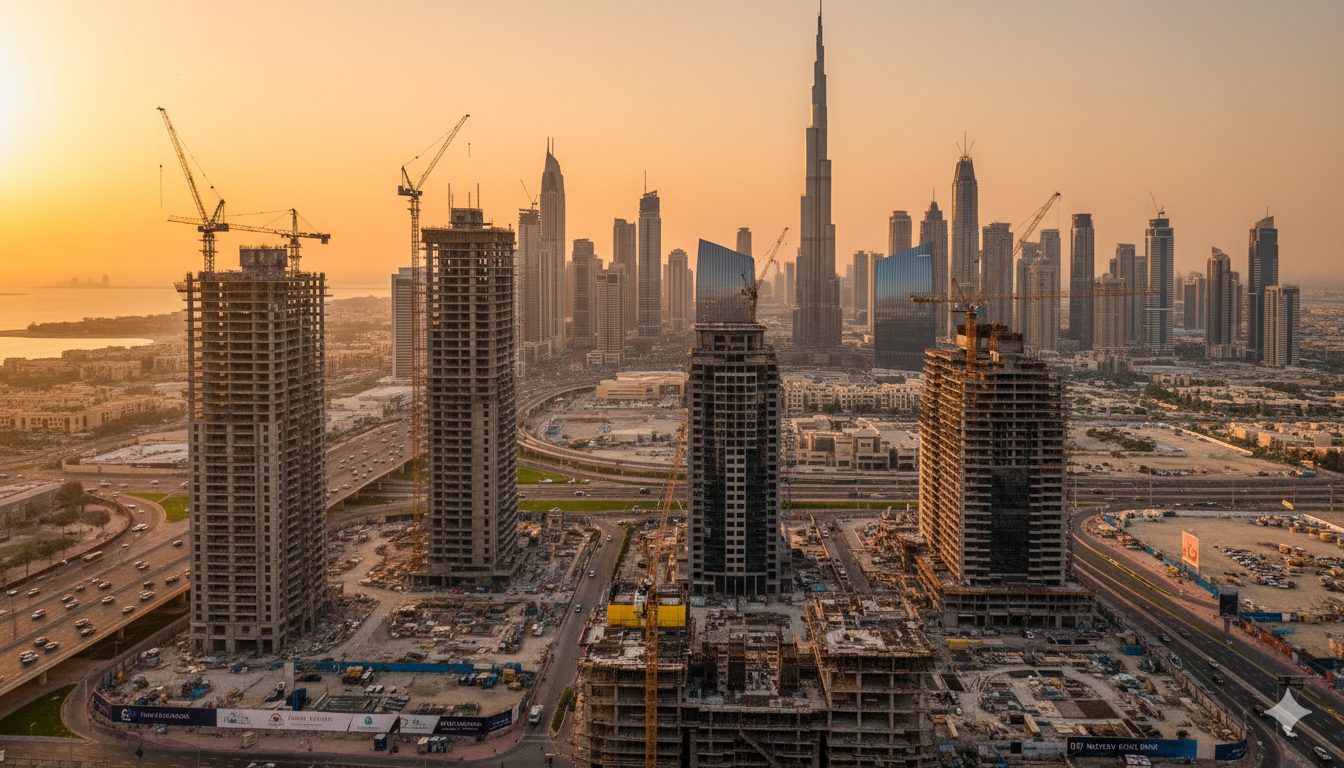 Dubai skyline with iconic towers, highlighting the city’s thriving real estate industry