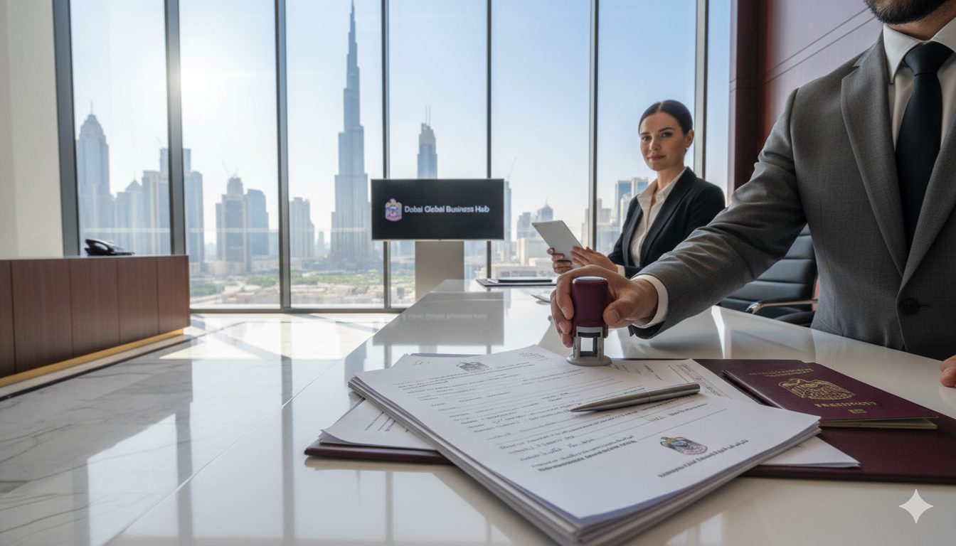 Business owner reviewing visa and residency paperwork in Dubai