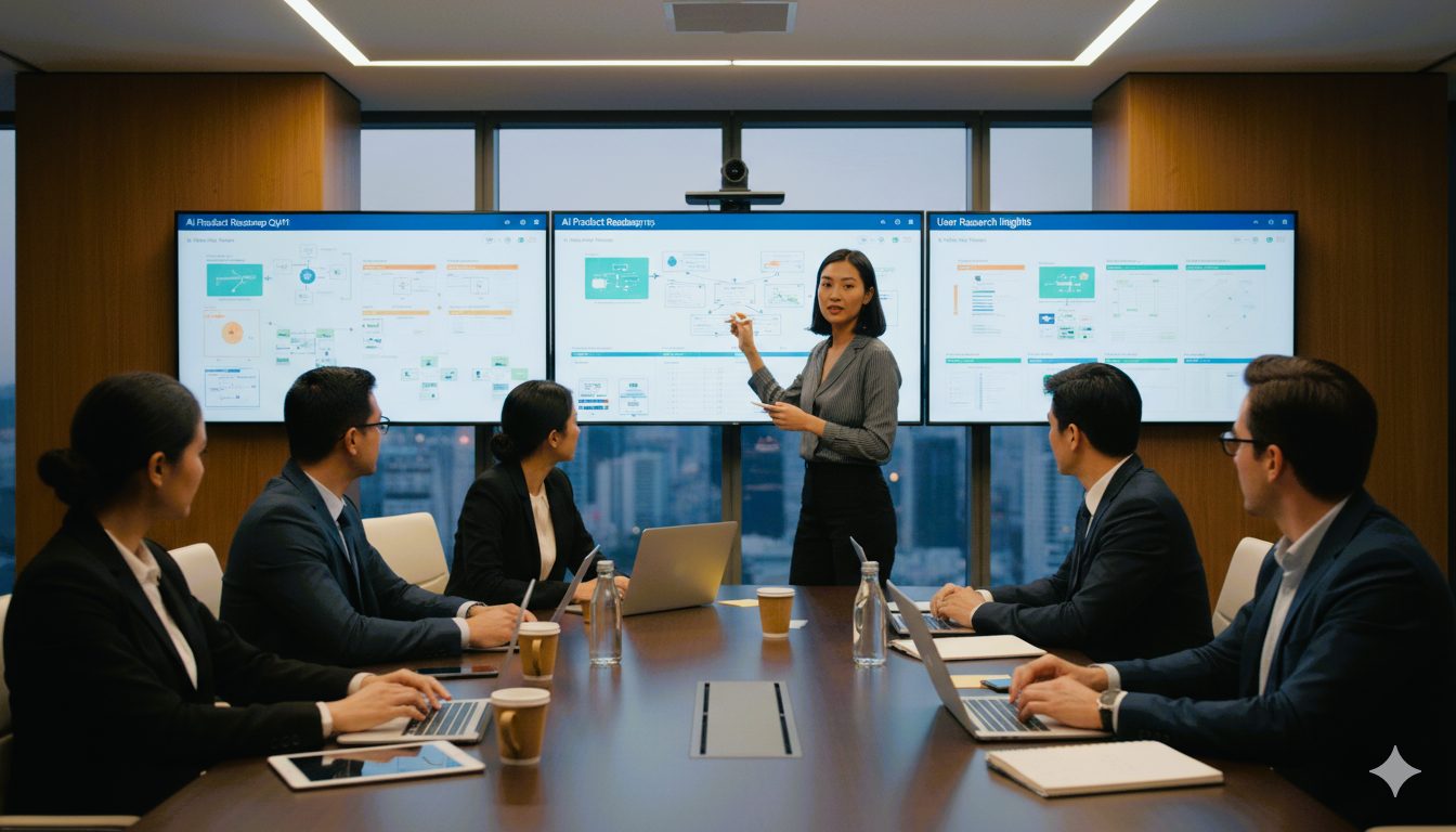 AI startup team planning post-license growth roadmap in Dubai, strategy session with laptop and project notes.