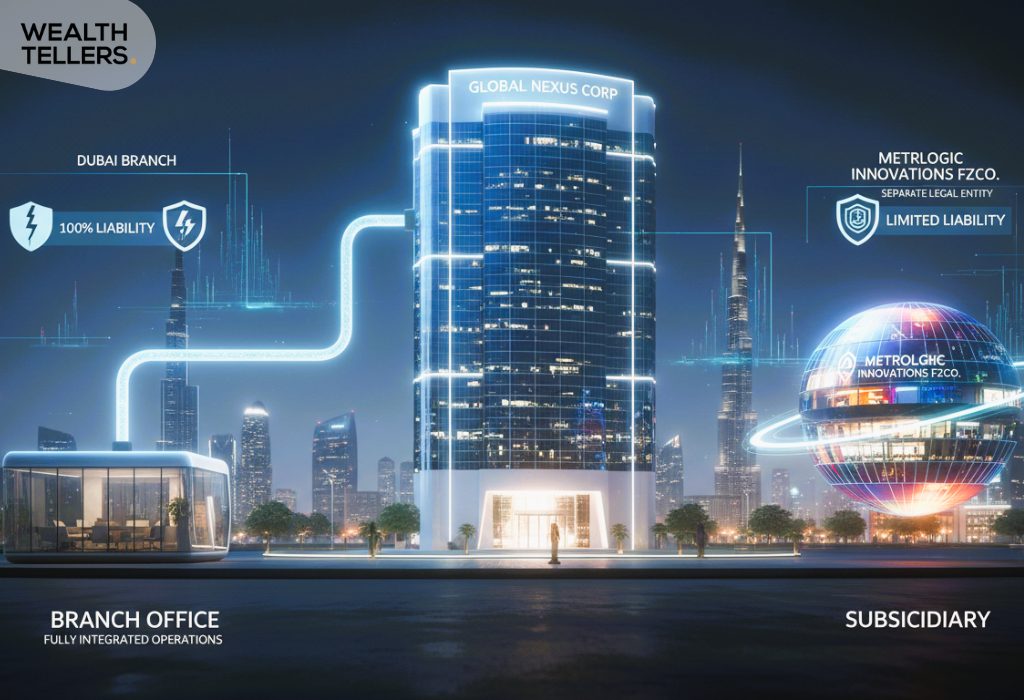 Visual comparison of a UAE branch office and subsidiary buildings, illustrating ownership links, liability differences, and corporate structure models.