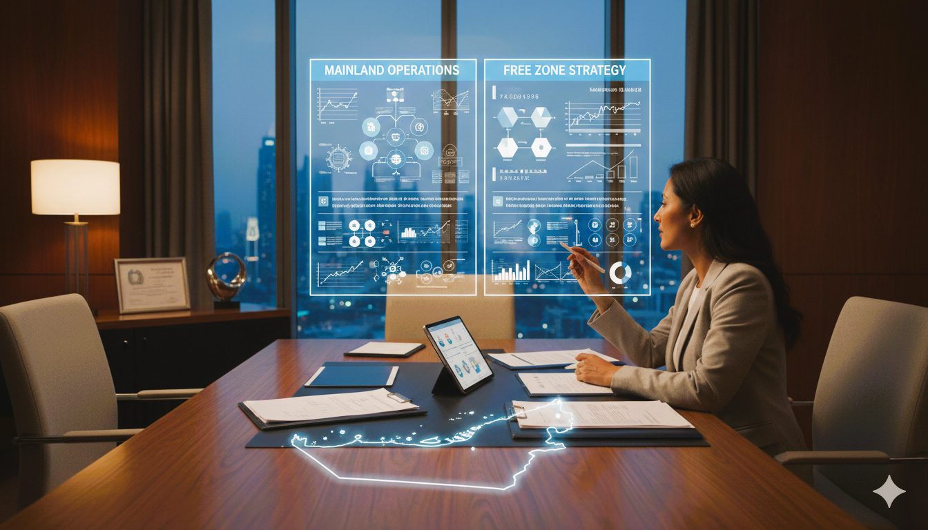 Founder comparing mainland vs free zone setup options, reviewing documents and planning business structure in Dubai.