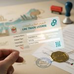 Hand holding a UAE trade license card over official documents with stamps and seals, symbolizing business registration and licensing in the UAE.