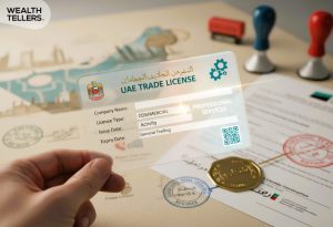Hand holding a UAE trade license card over official documents with stamps and seals, symbolizing business registration and licensing in the UAE.