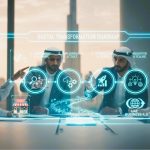 UAE business leaders discussing a digital transformation roadmap with virtual icons, highlighting automation, innovation, and scalable growth strategies.