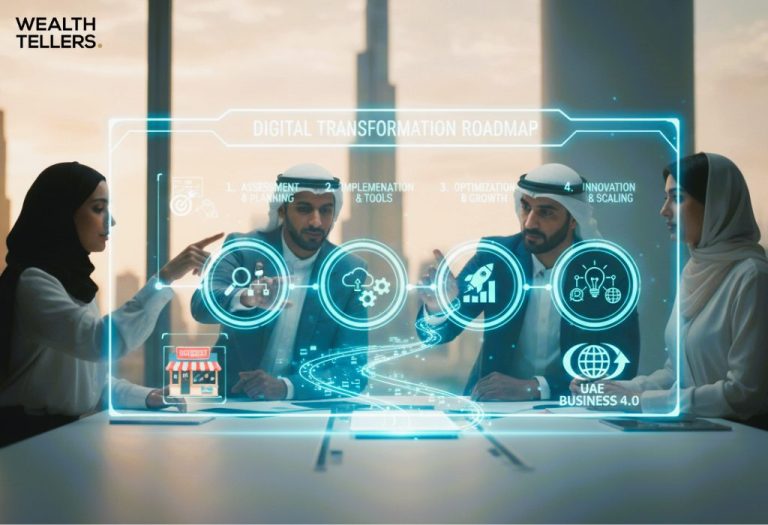 UAE business leaders discussing a digital transformation roadmap with virtual icons, highlighting automation, innovation, and scalable growth strategies.