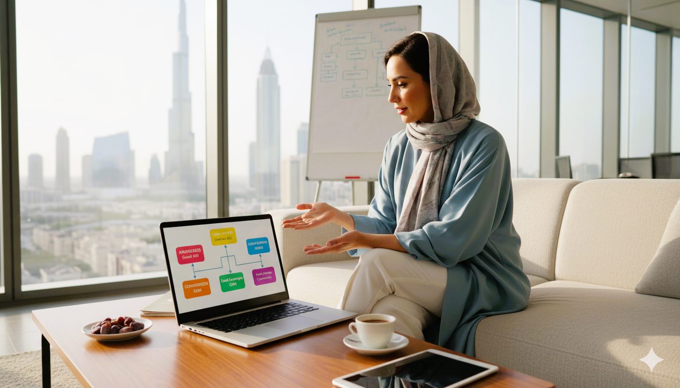 Digital marketer in UAE setting up a growth funnel on laptop, planning awareness ads, lead capture, conversion, and retention steps