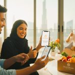 Entrepreneurs showcasing a UAE food delivery startup app with fresh produce boxes, symbolizing digital business growth, e-commerce, and customer satisfaction.