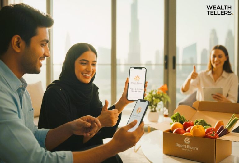 Entrepreneurs showcasing a UAE food delivery startup app with fresh produce boxes, symbolizing digital business growth, e-commerce, and customer satisfaction.