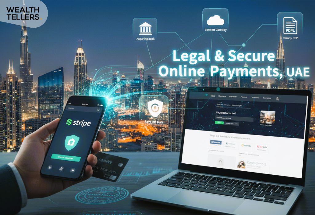 Dubai skyline backdrop with phone and laptop showing secure online payment systems, highlighting legal digital transactions in the UAE.