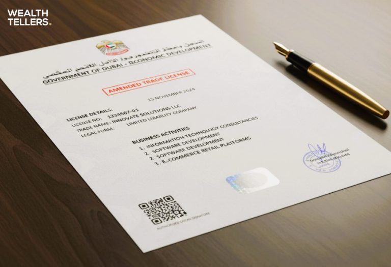 Amended UAE trade license document on a desk with official stamp, QR code, and a gold pen, representing updated business activity approval.