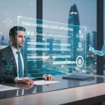 Business professional reviewing a Dubai AI business license application on a digital interface, symbolizing AI company registration, innovation, and compliance in the UAE.