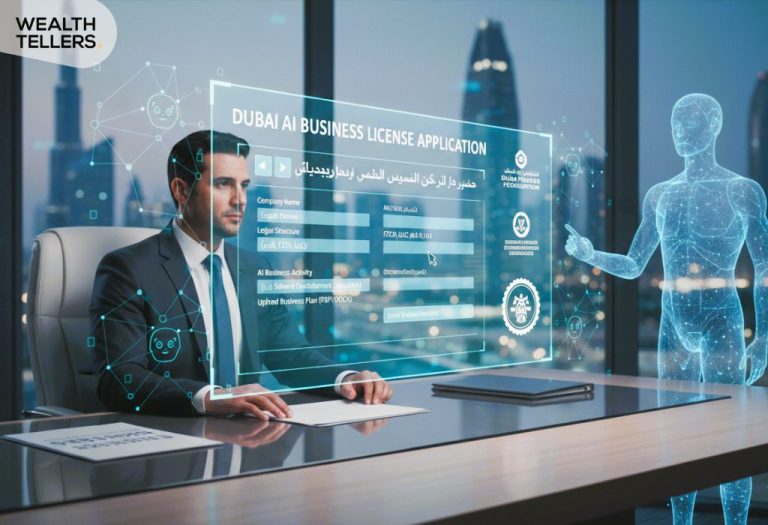 Business professional reviewing a Dubai AI business license application on a digital interface, symbolizing AI company registration, innovation, and compliance in the UAE.