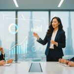 Business leader presenting a scalable growth strategy with digital charts to a UAE executive team, highlighting data-driven expansion and market growth.