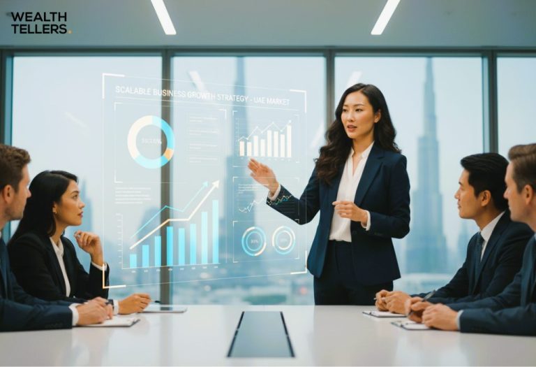 Business leader presenting a scalable growth strategy with digital charts to a UAE executive team, highlighting data-driven expansion and market growth.
