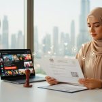 Emirati woman reviewing an influencer license beside a laptop and ring light, symbolizing compliant digital content creation and licensing in the UAE.