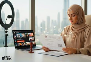 Emirati woman reviewing an influencer license beside a laptop and ring light, symbolizing compliant digital content creation and licensing in the UAE.