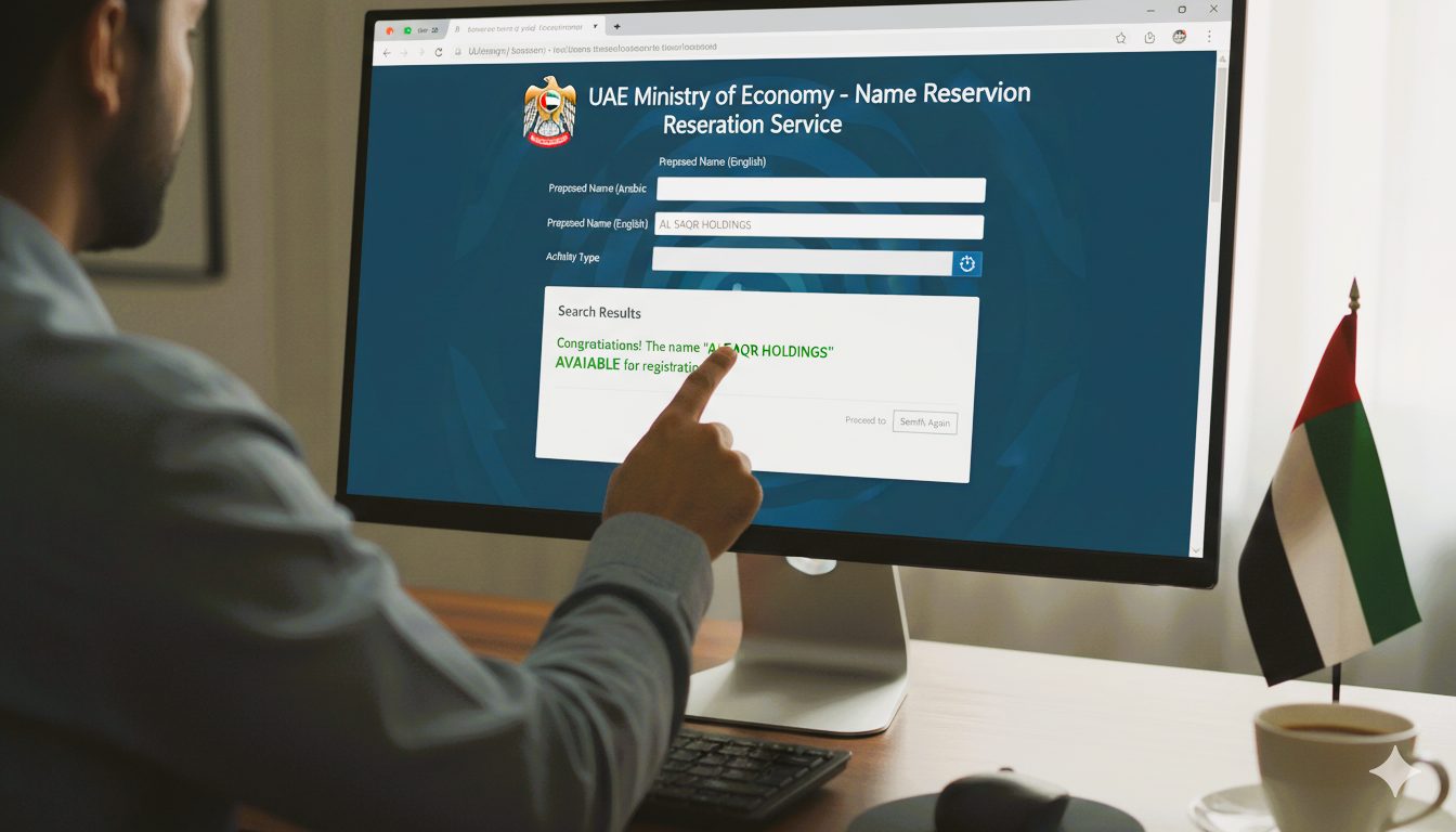 Checking UAE trade name availability online, professional using laptop to search name records and registration options.