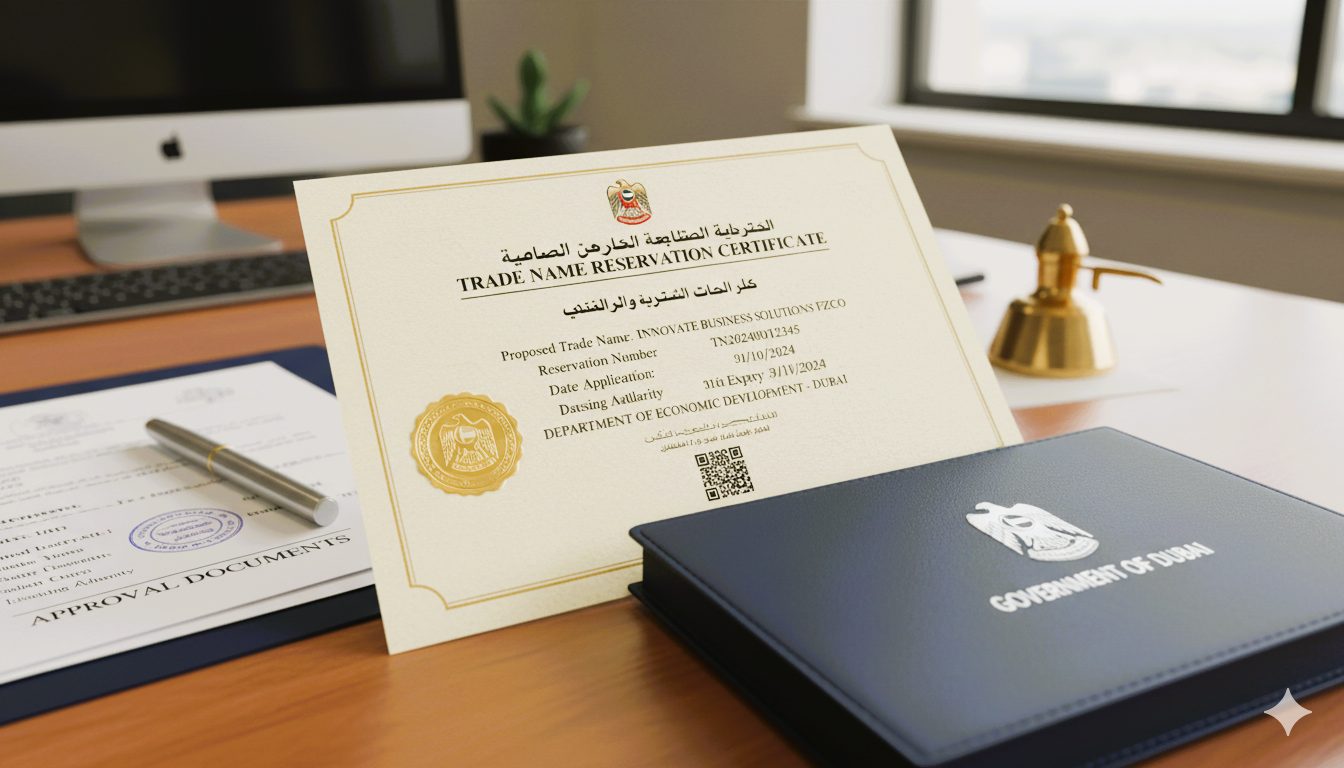 UAE trade name reservation certificate concept, official document folder and approval paperwork on desk.