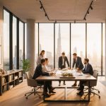 Architects reviewing building blueprints and a scale model in a Dubai office, planning a new development with skyline views.