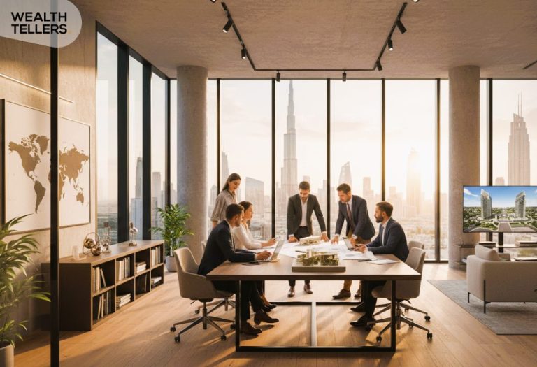 Architects reviewing building blueprints and a scale model in a Dubai office, planning a new development with skyline views.