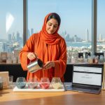 Emirati entrepreneur crafting handmade candles in a Dubai studio, showcasing a licensed sole proprietorship and small business creativity in the UAE.