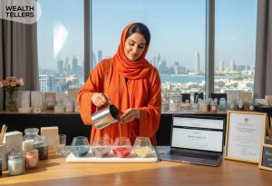 Emirati entrepreneur crafting handmade candles in a Dubai studio, showcasing a licensed sole proprietorship and small business creativity in the UAE.