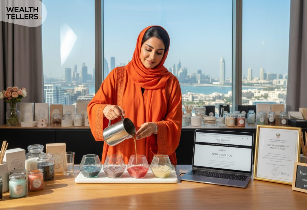 Emirati entrepreneur crafting handmade candles in a Dubai studio, showcasing a licensed sole proprietorship and small business creativity in the UAE.