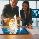 Entrepreneurs securing business documents on a digital platform, representing trade name reservation and legal business formation in the UAE.