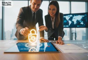 Entrepreneurs securing business documents on a digital platform, representing trade name reservation and legal business formation in the UAE.