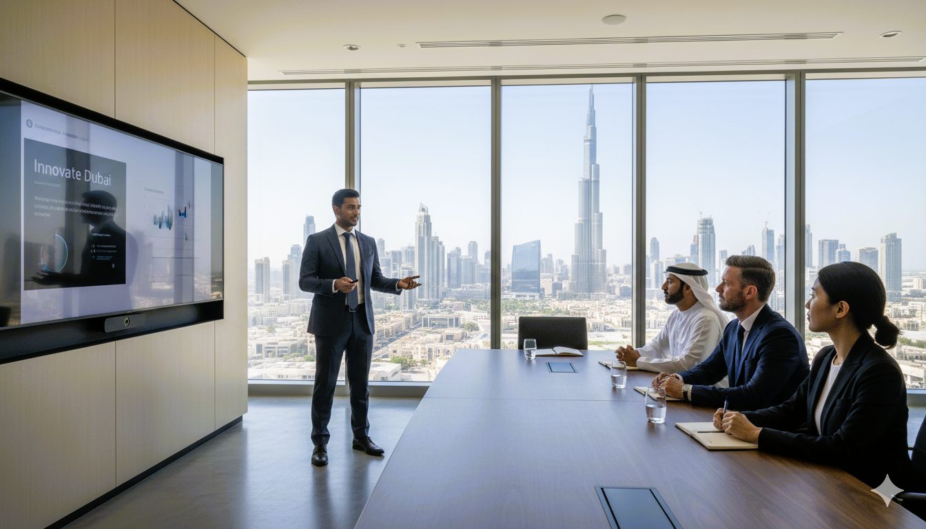 Startup founder presenting a pitch deck to investors in a Dubai meeting room, planning funding stages for scalable UAE business growth.