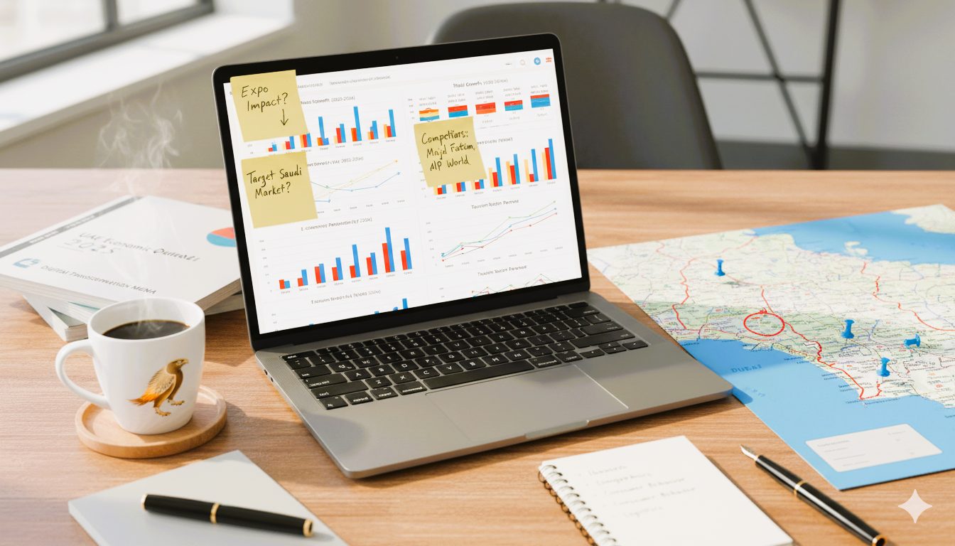 UAE market research setup with laptop charts, Dubai map, and notes outlining customer segments, competitors, and growth opportunities.