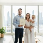 Smiling family holding official approval document in a Dubai apartment with skyline view, symbolizing successful UAE residency sponsorship.