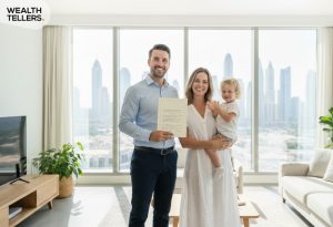 Smiling family holding official approval document in a Dubai apartment with skyline view, symbolizing successful UAE residency sponsorship.