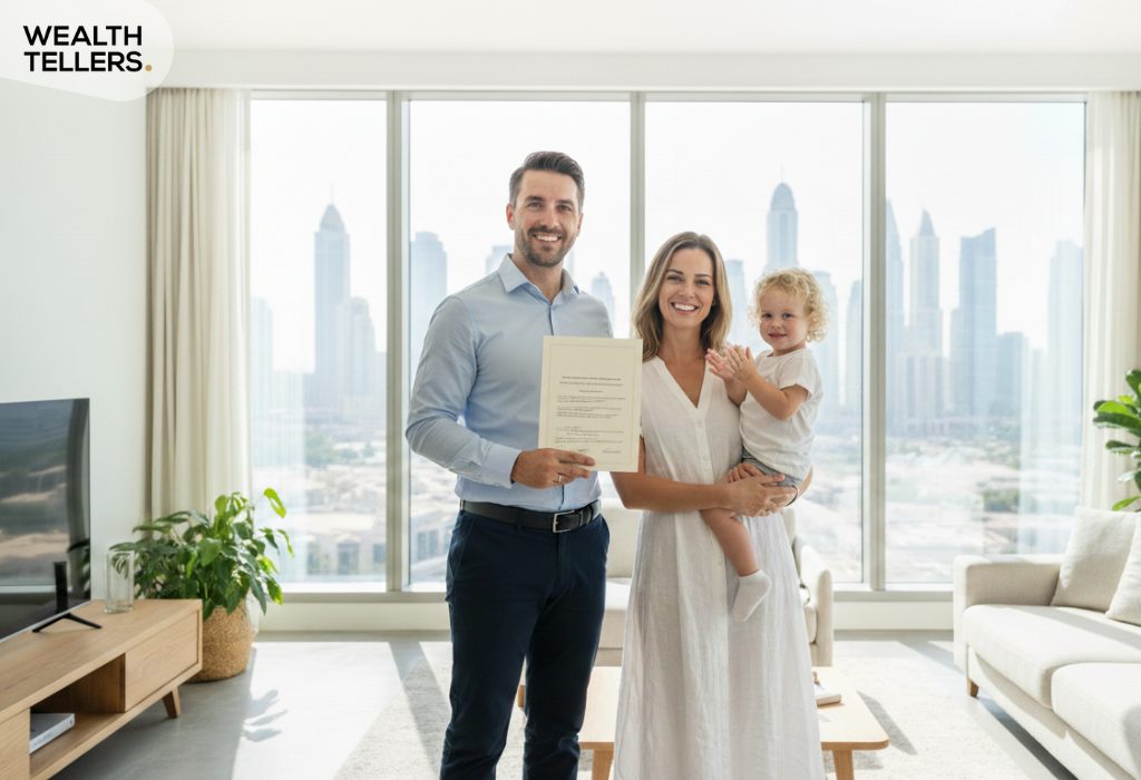 Smiling family holding official approval document in a Dubai apartment with skyline view, symbolizing successful UAE residency sponsorship.