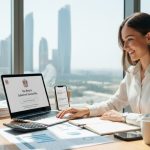 Entrepreneur smiling at laptop showing “Tax Return Submitted Successfully” with Dubai skyline view and financial documents on desk.