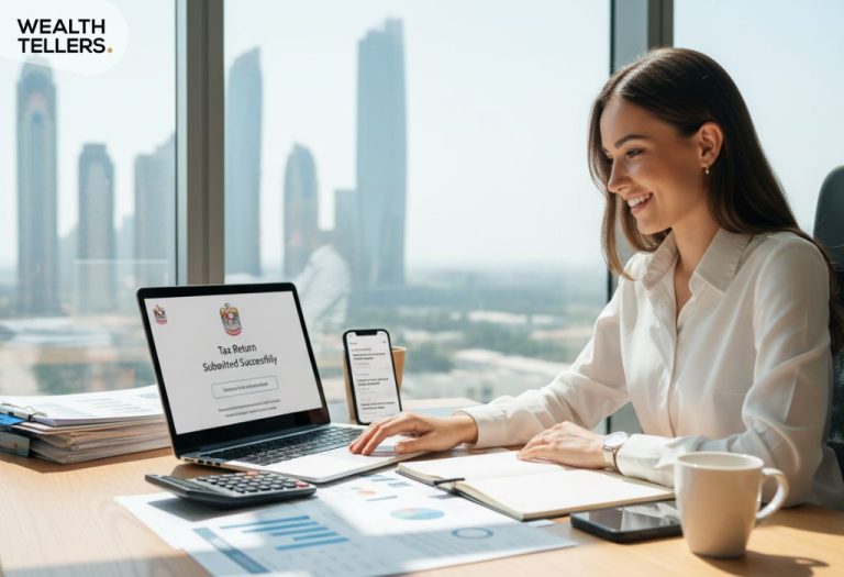 Entrepreneur smiling at laptop showing “Tax Return Submitted Successfully” with Dubai skyline view and financial documents on desk.