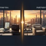 Split-screen Dubai skyline scene comparing Investor Visa desk setup with Partner Visa lounge, divided by glowing VS centerpiece.