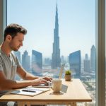 Freelancer working on laptop from a Dubai apartment with Burj Khalifa view, symbolizing remote business setup in the UAE.