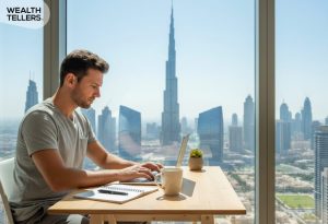 Freelancer working on laptop from a Dubai apartment with Burj Khalifa view, symbolizing remote business setup in the UAE.