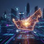 Digital UAE map glowing with fintech networks, showing PayPal, HyperPay, PayTabs and Telr icons connected across skyline backdrop.