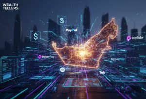Digital UAE map glowing with fintech networks, showing PayPal, HyperPay, PayTabs and Telr icons connected across skyline backdrop.