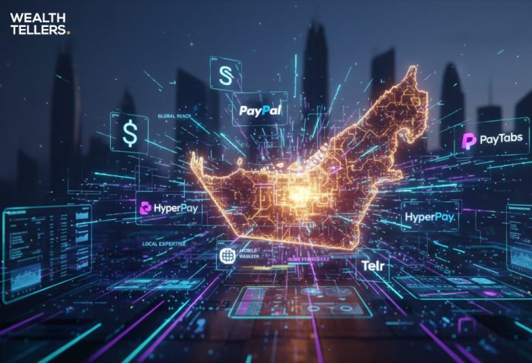 Digital UAE map glowing with fintech networks, showing PayPal, HyperPay, PayTabs and Telr icons connected across skyline backdrop.