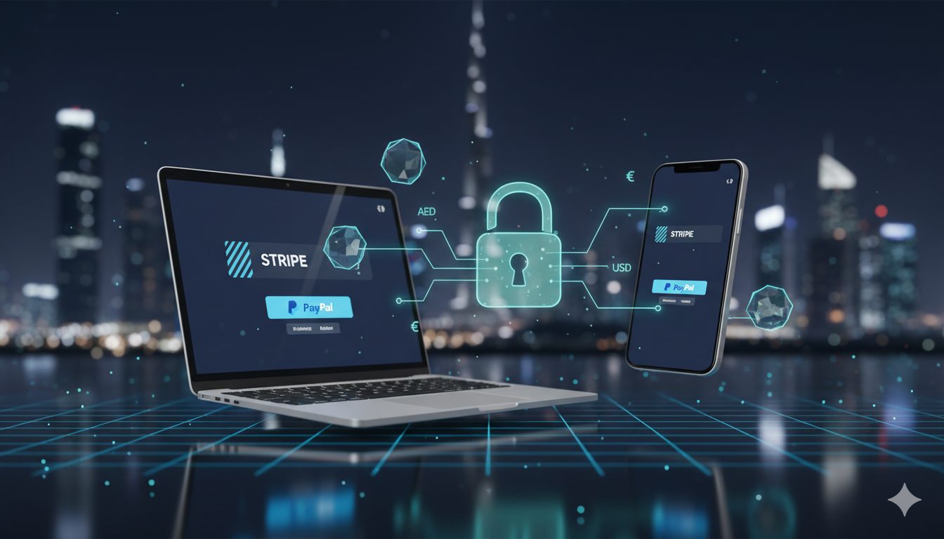 Laptop and smartphone displaying Stripe and PayPal checkout screens with secure lock icon over Dubai skyline at night.