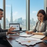 Business meeting in Dubai office as a client presents charts while a consultant reviews and signs documents, skyline visible behind them.