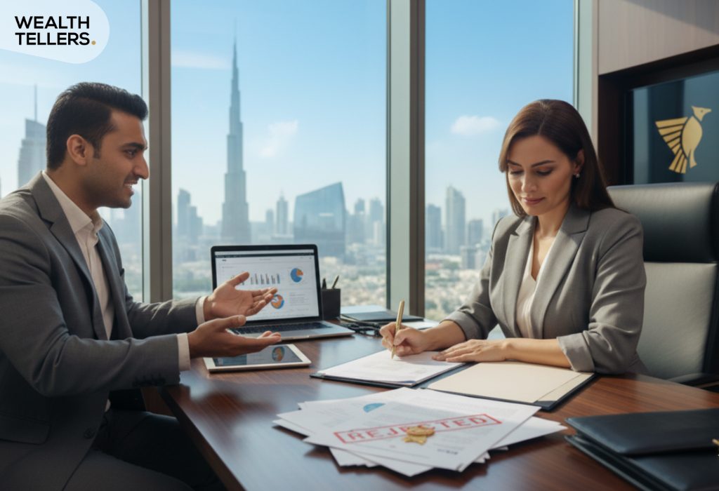 Business meeting in Dubai office as a client presents charts while a consultant reviews and signs documents, skyline visible behind them.
