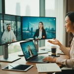 Professional woman conducting a video meeting on multiple screens with colleagues in Dubai and London, working from a modern office setup.