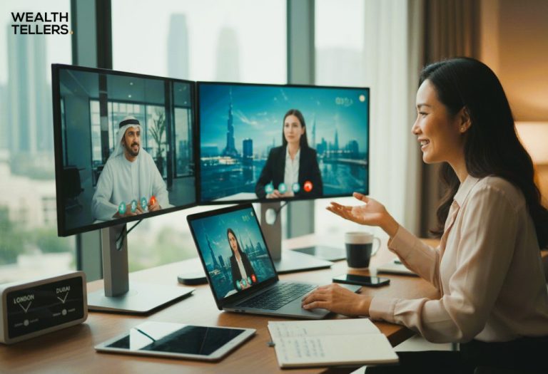 Professional woman conducting a video meeting on multiple screens with colleagues in Dubai and London, working from a modern office setup.
