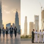 Split image showing Dubai’s skyline with professionals and Riyadh’s developing towers with business leaders, highlighting UAE and KSA business growth.